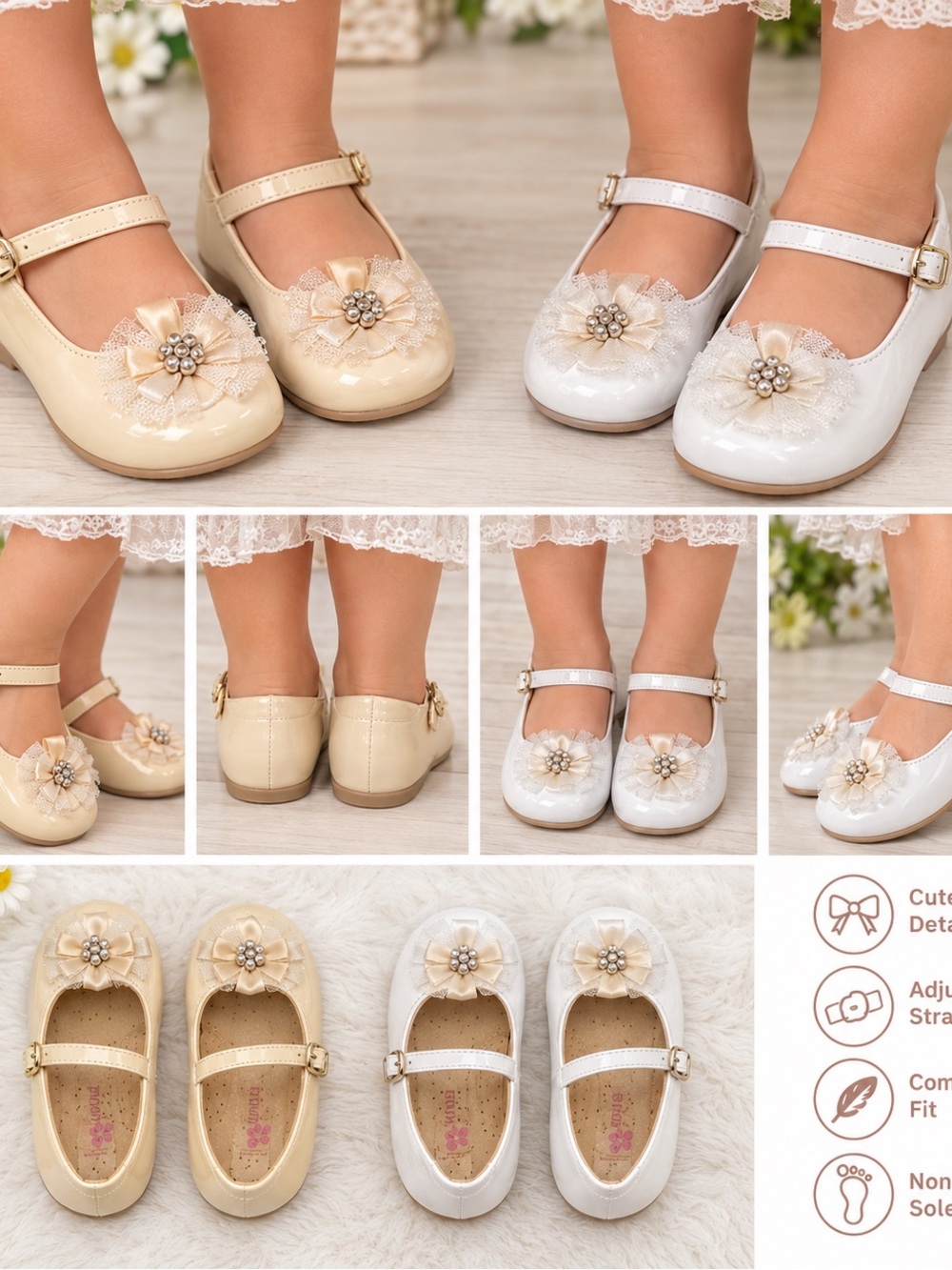 Girls' Floral Pearl Mary Jane Dress Shoes in Cream and White